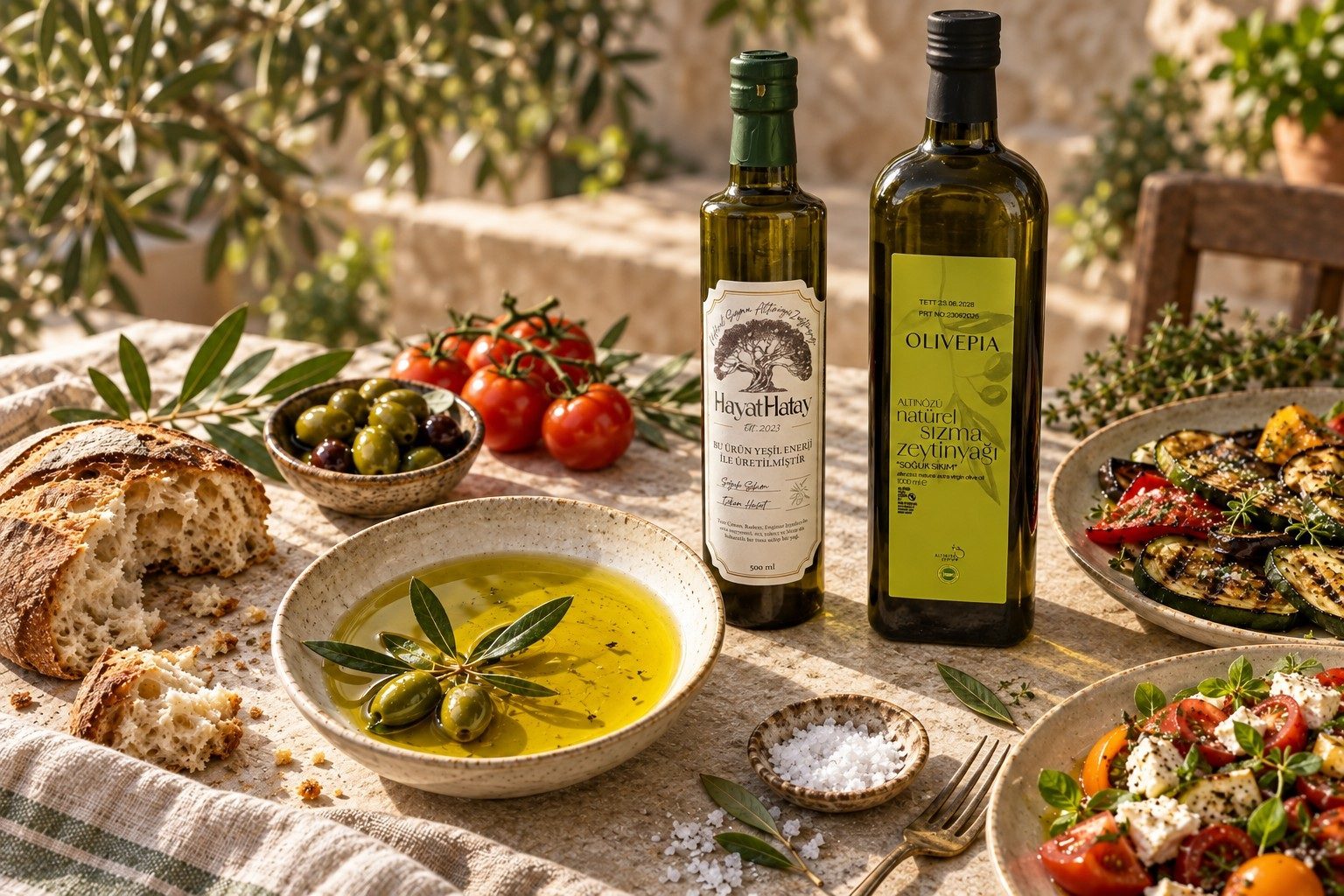 Zeytinyağı, zeytin ve ekmekle kurulmuş Akdeniz sofrası